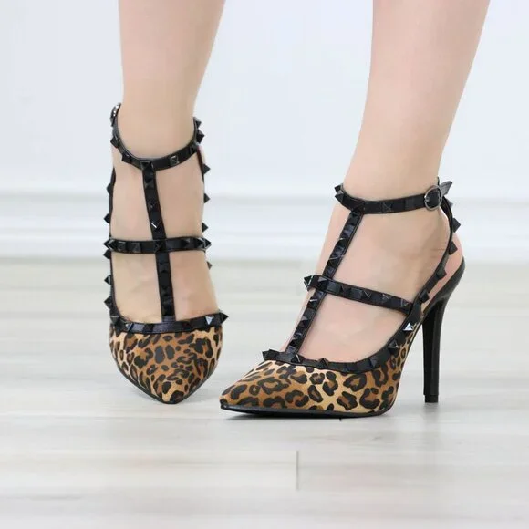 Leopard Rockabilly High Heels Ankle Strap Pointed Toe Studed - Picture 6 of 13